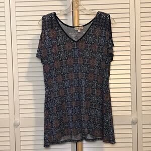 Lavish Geometric Stretch V-Neck Cold Short Sleeve Blouse L